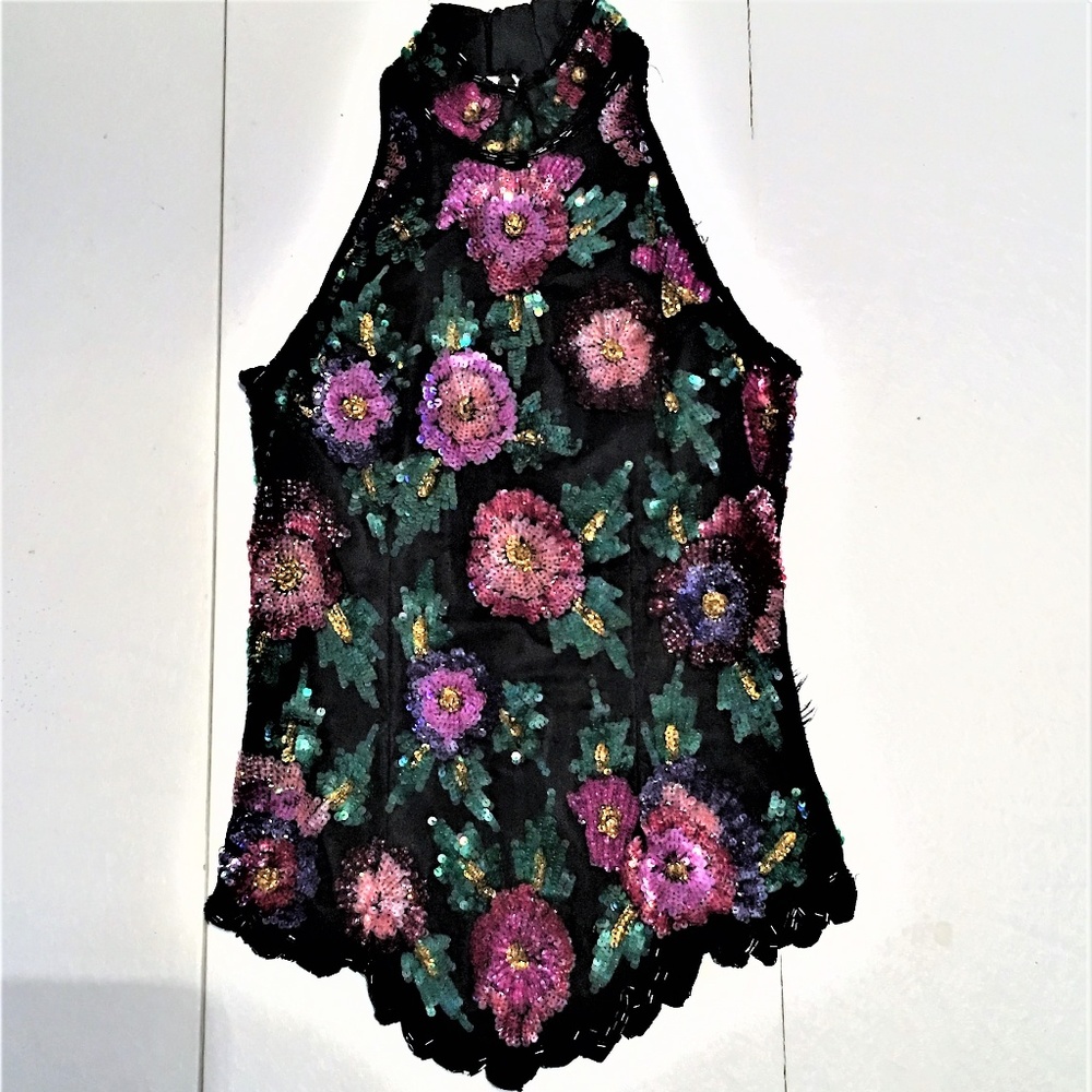 Laurence Kazar Festive Sequin Floral Blouse Size P